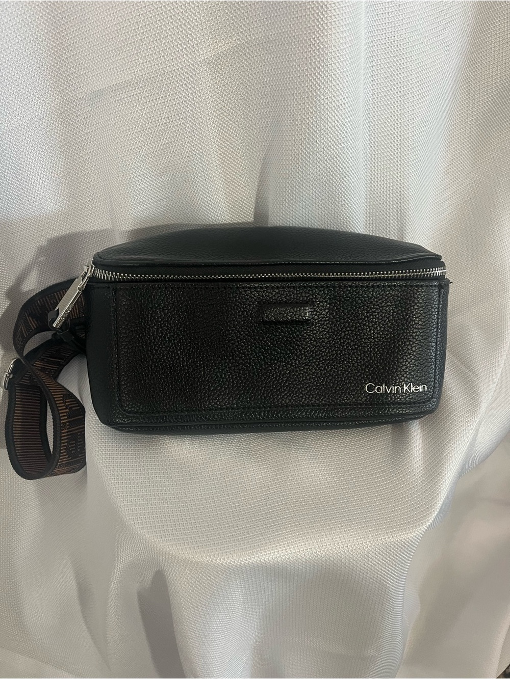 Calvin Klein Black Pebbled Leather Belt Bag with Branded Strap